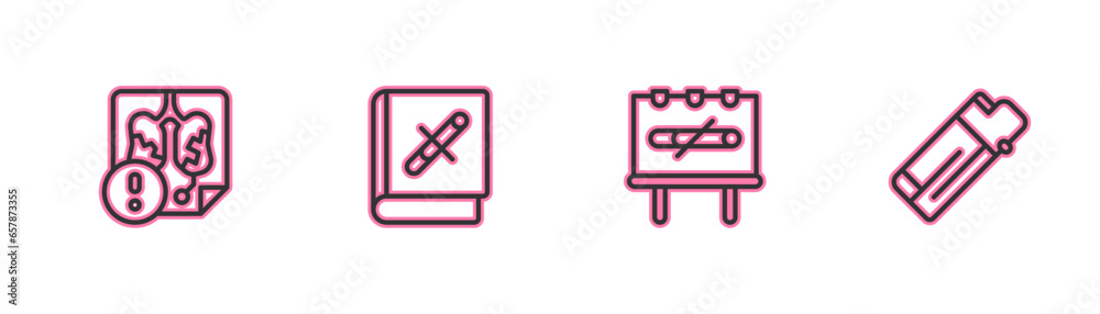Set line Disease lungs, No smoking, Book with stop cigarette and Lighter icon. Vector Set line Disease lungs, No smoking, Book with stop cigarette and Lighter icon. Vector