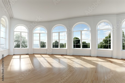 360 panorama white room w repair and huge windows in equirectangular projection. Generative AI