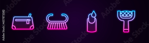 Set line Cosmetic bag, Pedicure brush or grater, Manicure and Nail file. Glowing neon icon. Vector