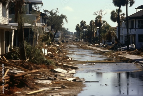Devastation caused by Hurricane Ian in a Florida neighborhood. Catastrophe, destruction, aftermath, homes, residential area. Generative AI