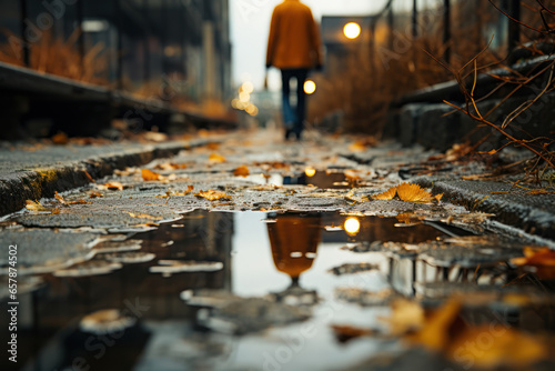 A person's reflection in a puddle on a rainy day, distorting their image and offering a different perspective on their surroundings. Generative Ai.