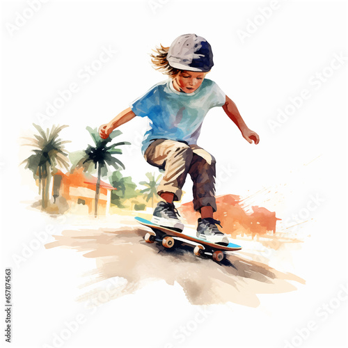 Little boy skateboarding vector watercolor painted