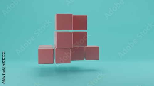 3d rendering of an array of brown cubes on a pale blue background. Abstract composition of a set of geometric objects  bricks. Free structure. A cloud of pixels. NFT picture.