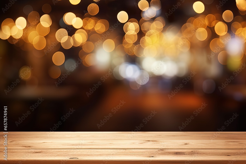 wooden table with blur lights bokeh background