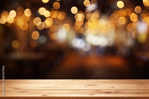 wooden table with blur lights bokeh background