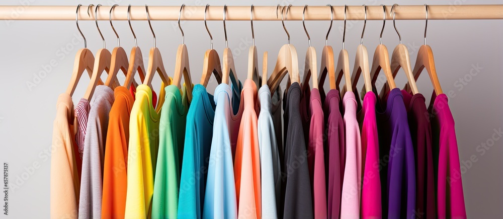 Assorted colored fashion attire on wooden hangers