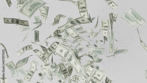 Hundred dollars banknotes fly on black background. money rain concept
