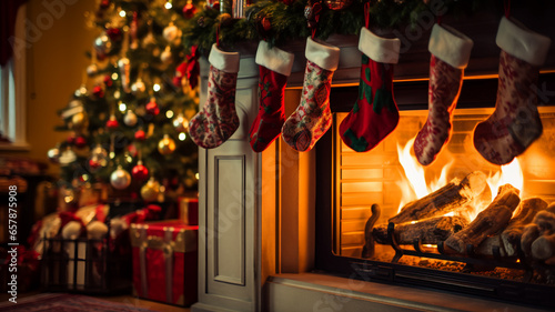 Fireplace with Christmas stockings in festive room interior. AI Generative.