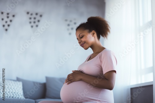 Pregnant african american woman sitting on yoga mat