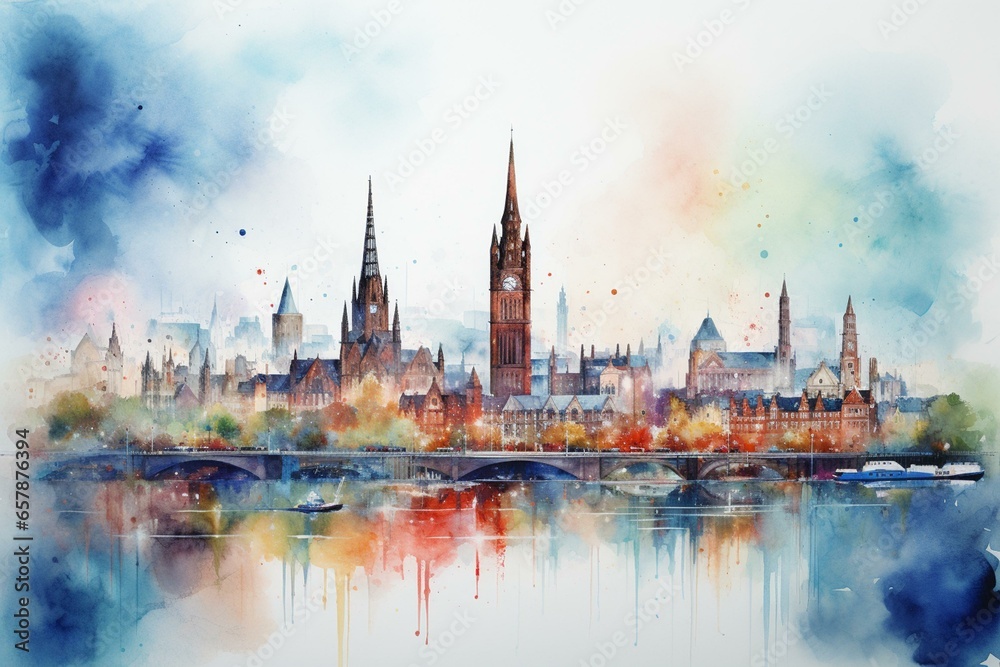 An artwork depicting Glasgow skyline done in watercolor. Generative AI