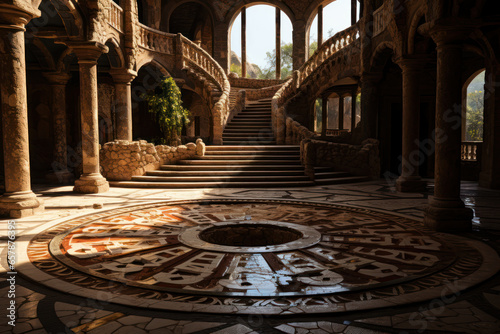Elaborate mosaic flooring in the ruins of an ancient villa, revealing intricate patterns from the past. Generative Ai.