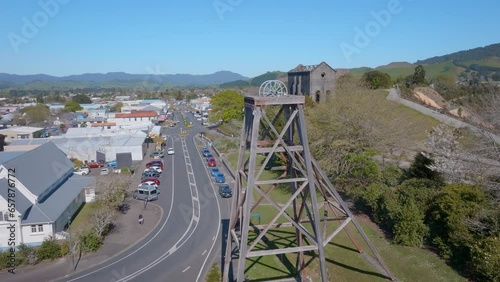 Old cornish Pumphouse and mining poppet in waihi, New Zealand