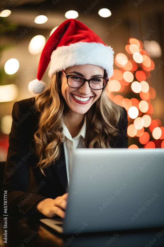 Joyful Businesswoman, office lady, teen girl, in Santa Hat at Modern Office Joyful Businesswoman, office lady, teen girl, in Santa Hat at Modern Office