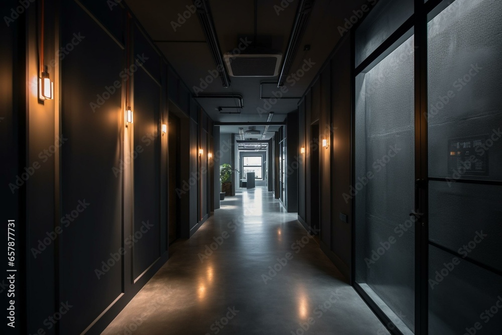 Minimalist, contemporary, spacious corridor with ambient lighting and central divider - industrial-themed interior backdrop. Generative AI
