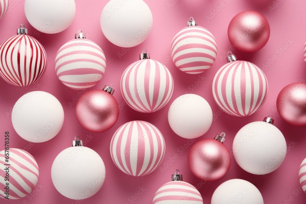 Group of pink white and striped Christmas decoration balls scattered on pink background