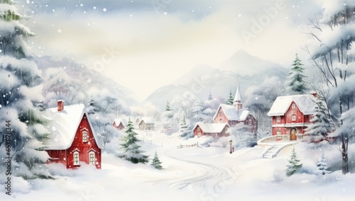 a watercolor painting of a winter village Generative AI
