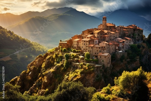 Breathtaking view of Evisa, a hilly village in Corsica, France. Generative AI photo