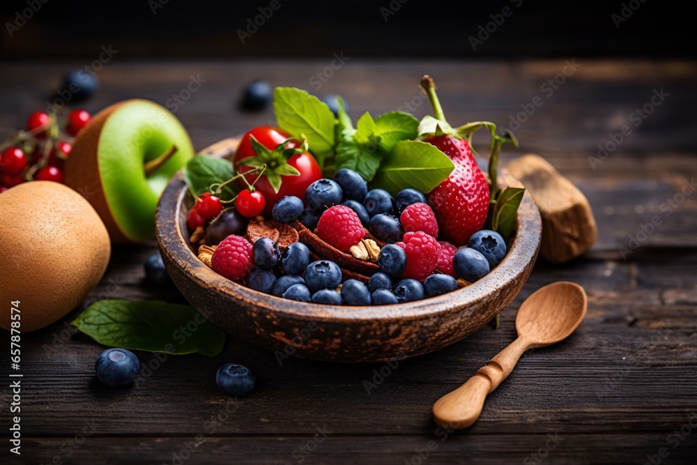 Healthy breakfast bowl with fresh berries and nuts on dark wooden background