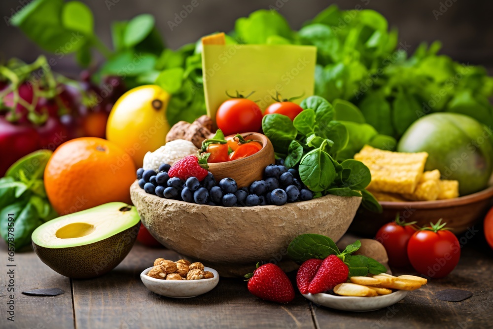 Healthy breakfast bowl with fresh berries and nuts on dark wooden background