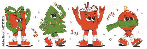 Christmas cartoon characters set in retro groovy style. Hot cocoa, christmas tree, gift box, toy. Happy New Year in vintage style 60s-70s.
