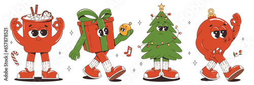 Christmas cartoon characters set in retro groovy style. Hot cocoa, christmas tree, gift box, toy. Happy New Year in vintage style 60-70s.