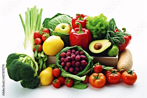 Plate with fresh fruits and vegetables on color background  top view. Plate with fresh fruits and vegetables on color background