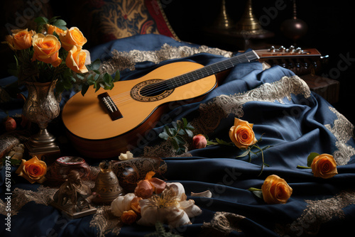 A medieval troubadour's lute and a lady's handkerchief, symbols of courtly love in medieval romance. Generative Ai.