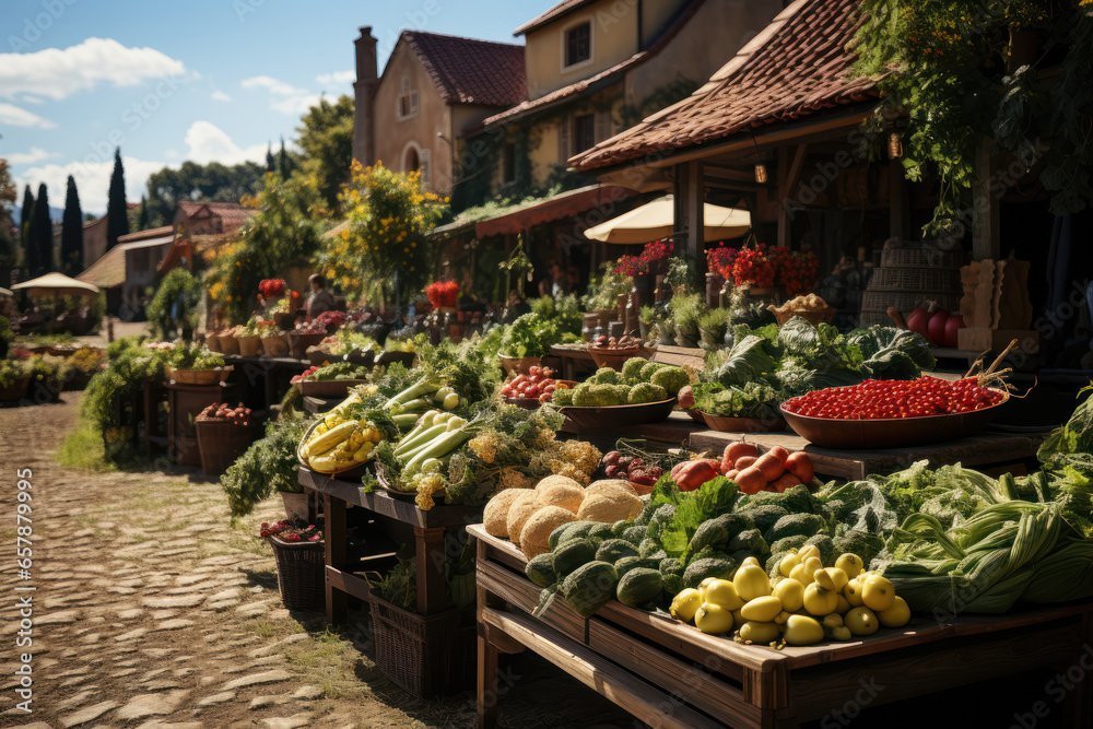 A vibrant farmer's market with stalls brimming with fresh produce and artisanal goods. Generative Ai.