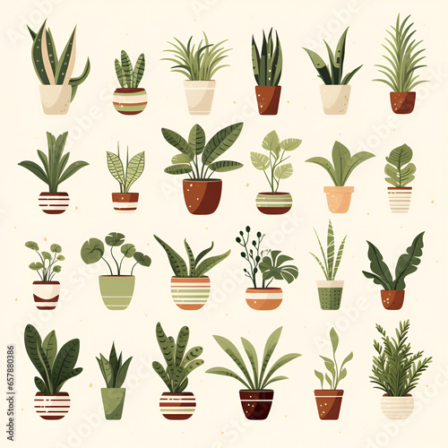 various types of house plants in a flat style.