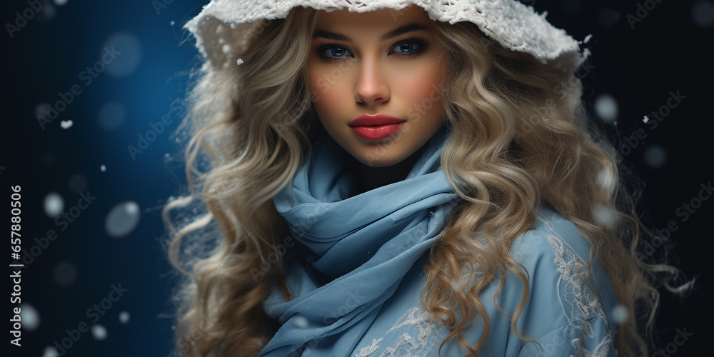 Wunderschöne Frau Gesicht mit Mütze mit wunderschönen Hintergrund Nahaufnahme Querformat für Banner, ai generativ