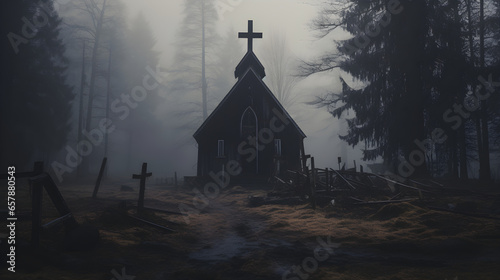 Una iglesia abandonada y en ruinas con una cruz, rodeada de un bosque oscuro y brumoso, atmósfera inquietante.