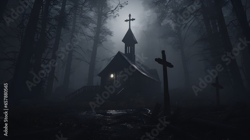 Una iglesia abandonada y en ruinas con una cruz, rodeada de un bosque oscuro y brumoso, atmósfera inquietante.