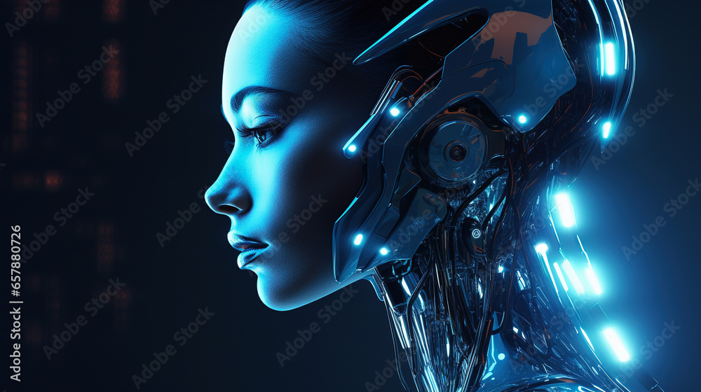 Portrait of futuristic female humanoid robot on black background. Futuristic technology concept. Caracter of video games Portrait of futuristic female humanoid robot on black background. Futuristic technology concept. Caracter of video games