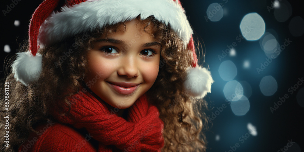 Junges hübsches lebensfrohes Mädchen mit schönen Locken und Weihnachtsmütze lacht in die Kamera Nahaufnahme im Querformat für Banner, ai generativ