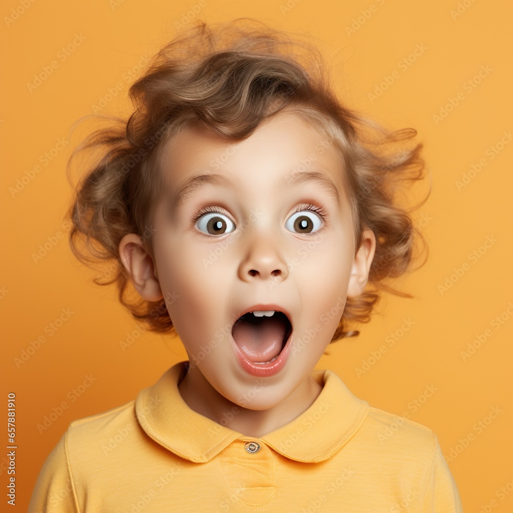 Surprised boy with with yellow t-shirt and yellow background. Generative AI Surprised boy with with yellow t-shirt and yellow background. Generative AI