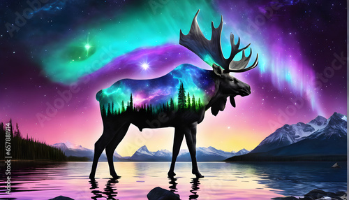 cosmic energy glowing elk capturing starlight aurora borealis  concept Animals  generative ai 
