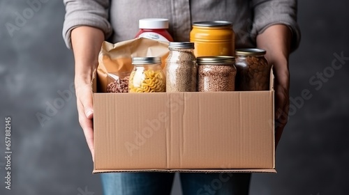 Box food donate charity help grocery delivery volunteer supply can package community care. Carton box cardboard poor social goods food donation white relief bank foodstuff. AI Generative illustration.
