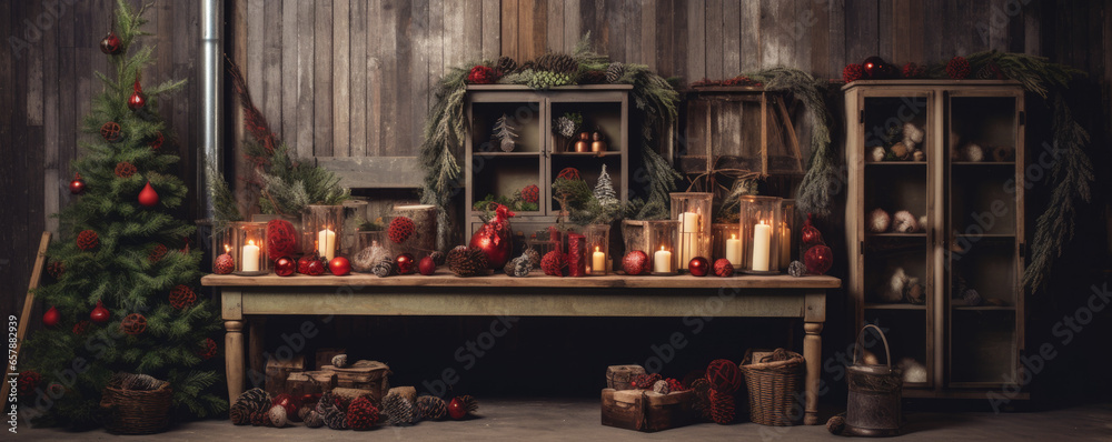 Rustic Christmas interior with burgundy and green accents