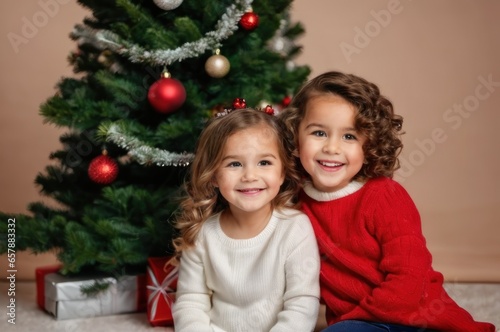 Happy little children opening presents on Christmas morning. Two excited kids sitting on floor in beautiful, decorated living room and together waiting a Christmas miracle with wonderful Xmas gift