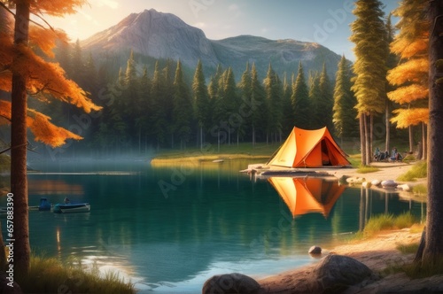 Wild river with orange tent near the shore at the sunset or sunrise. enjoying the wild nature, therapy being alone, vacations on nature. Spring camping site with one orange tent near autumn lake.