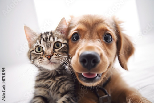 Small kitten and puppy on isolated white background