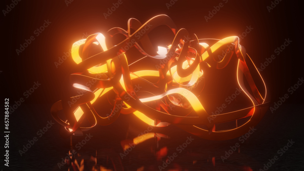 3d rendering. Abstract 3d illustration of a multitude of glowing neon threads tied in knots on a black background. Abstract 3d desktop picture.