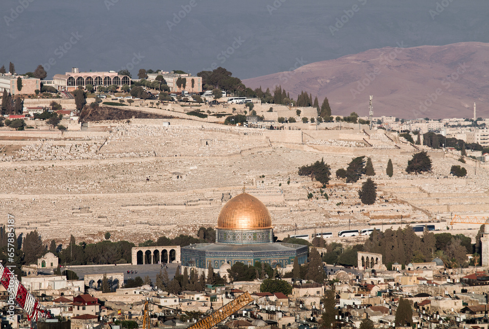 Jerusalem, Dome of the Rock mosque and Olive Mount cemetery