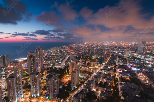 Bat Yam  Israel night areal view. City lights and seacoast