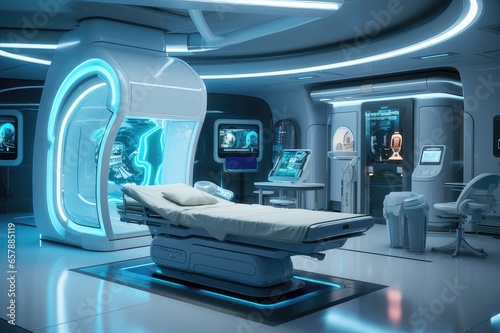 A futuristic hospital with nanomachines performing surgery on a patient