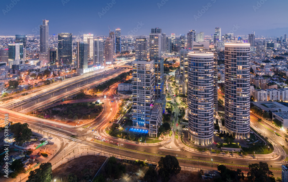 Tel Aviv new high-rise buildings aerial night view
