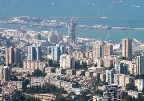 Haifa, Israel, top city view. Architecture and ships