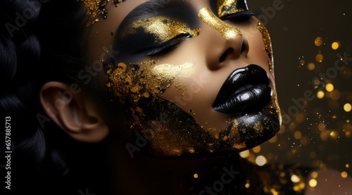 Fashion Model with Glitter Art Pose in Bold Golden Blends on black background