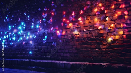 Dark brick wall multi-colored lights and confetti  festive background  noen light. Generation AI