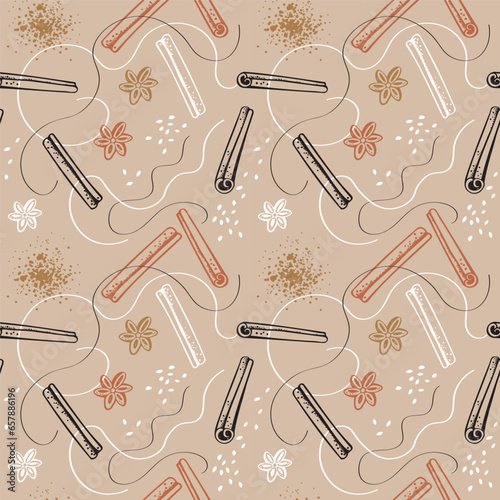Cinnamon sticks bark seamless pattern. Hand drawn brown spice on decorative ornament. Rolled cinnamons spicy seasoning condiment. Aromatic ingredient for cooking, backing. Backdrop vector illustration